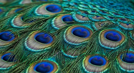 Obraz premium Close-up view of peacock feathers, showcasing the intricate patterns and vibrant colors of the plumage. The image highlights the rich texture of the feathers and their beautiful, graduated hues.