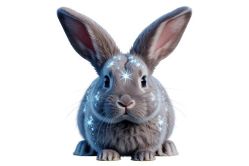 Fototapeta premium Cute gray rabbit with glowing particles, digital art, transparent background. background removed