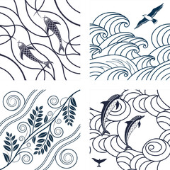 Nautical Inspired Vector Illustrations Featuring Fish, Waves, a Seagull, Dolphins, and Foliage