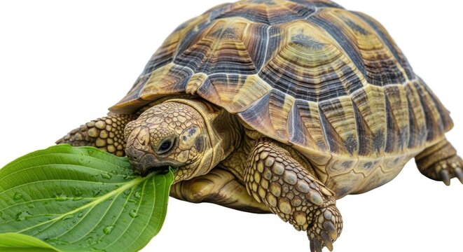 Close up of a turtle eating a green leaf isolated on white background, showcasing its shell