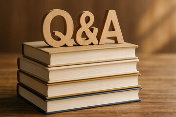 Wooden q and a letters on a stack of books on a table