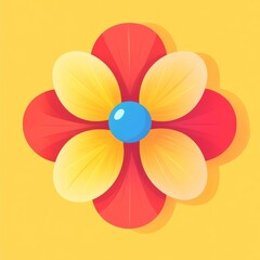 Obraz premium A stylized flower with five red petals and a central blue circle on a warm yellow background, symbolizing happiness,