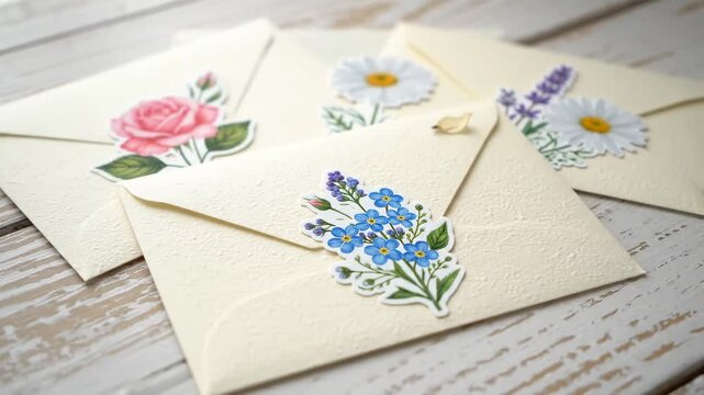 Floral Envelope Stationery Flat Lay - Several cream-colored envelopes adorned with various floral stickers are arranged on a rustic white wooden surface.