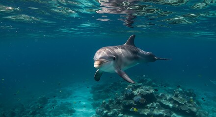 Fototapeta premium A playful dolphin gracefully glides through the crystal-clear waters, showcasing the vibrant coral reef environment below.