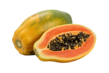 A whole papaya and a halved papaya showcasing its vibrant orange flesh and numerous black seeds against a transparent background. background removed