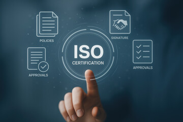 ISO certification concept with finger pointing on digital interface and document icons
