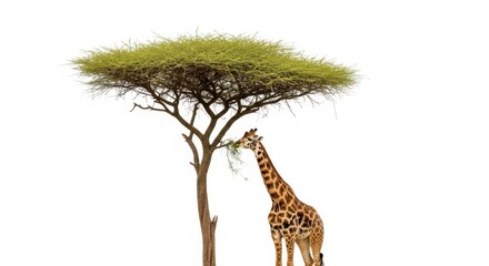 Giraffe eating leaves from an acacia tree isolated on white background in the savanna