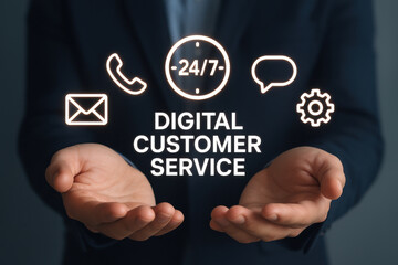 Digital customer service concept with icons of phone, email, chat, and settings above open hands