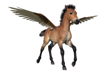 A brown winged horse foal, a mythical creature, gallops against a transparent background. background removed