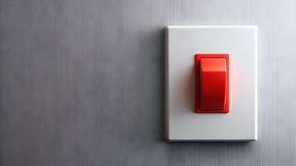 Single red light switch on textured gray wall for electrical control and home automation concepts