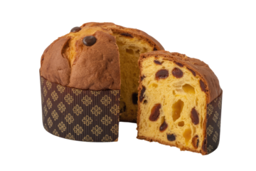 A delicious panettone, a traditional Italian sweet bread, sliced to show its moist, fruity interior and chocolate chips. background removed