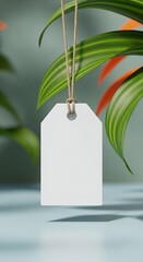 Blank Price Tag with Twine Hanging Among Lush Green Tropical Leaves for Sale Promotion