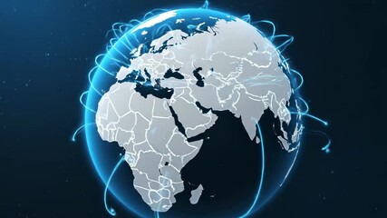 Global Logistics and Worldwide Delivery - A rotating 3D model of Earth with glowing lines illustrating global shipping routes and worldwide delivery networks. - Powered by Adobe