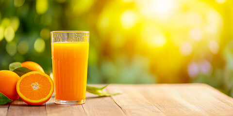 Fototapeta premium Refreshing orange juice in a glass with fresh oranges in a vibrant sunlit setting, perfect for summer enjoyment.