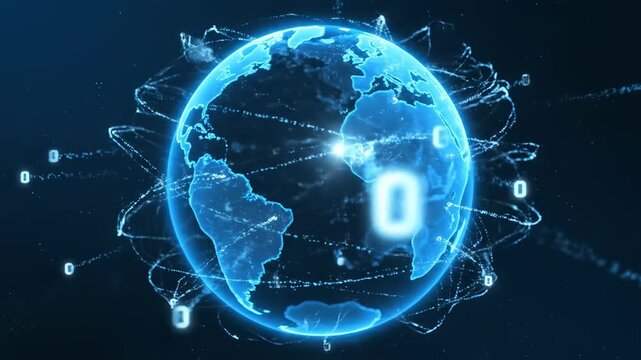 Global Network Connection - A glowing blue digital earth surrounded by streams of data representing global communication and data transfer.