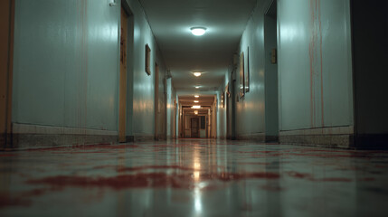 Abandoned hospital corridor with fluorescent lights and bloodstained floor reflecting along empty walls