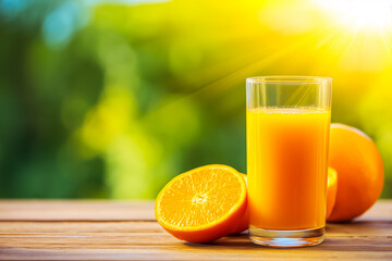 Fototapeta premium Freshly squeezed orange juice in a glass with oranges. Bright morning sunlight creates a cheerful atmosphere.
