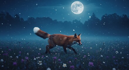 Naklejka premium A beautiful red fox strolls through a meadow at night under a full moon, bathed in the soft glow of starlight.