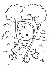 coloring book baby sitting in stroller outdoors with trees around