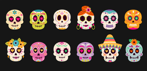 Colorful sugar skulls vector set for Día de los Muertos. Decorative Mexican Day of the Dead illustration.