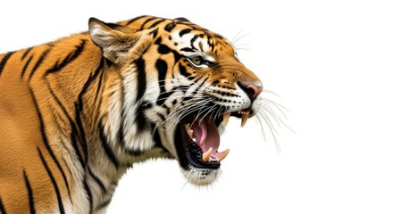 Close up of a roaring tiger with its mouth open isolated on white background