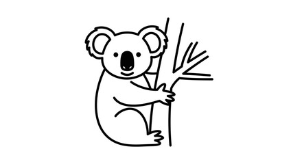 A simple black and white line drawing of a cute cartoon koala clinging to a tree branch.