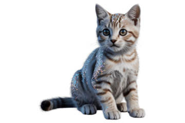 A cute, sparkly kitten sits against a transparent background.  Iridescent glitter adorns its fur. background removed
