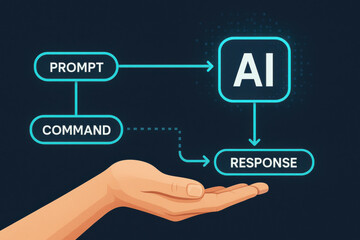 Fototapeta premium AI concept with prompt command and response flowchart above open hand