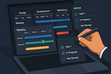 Project management interface on laptop screen with hand using stylus for task tracking