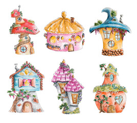 Set of watercolor fairytale houses
