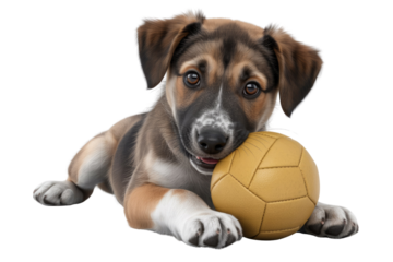 Adorable puppy with brown and tan fur gently holds a small yellow ball. background removed