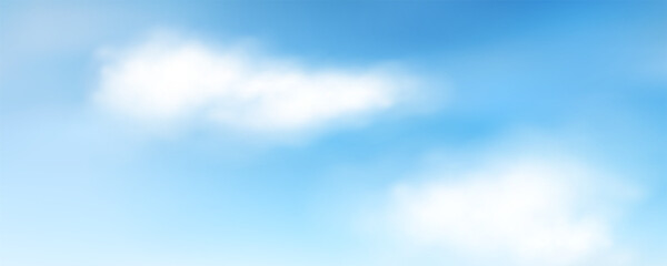 Realistic white fluffy cloud textures on light blue sky background. Heaven landscape for summer banner, cover, poster. Concept cloudscape. Natural overlay effect. Cloudy weather. Vector illustration