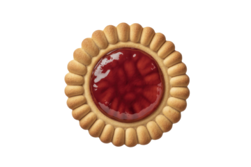 A single round biscuit with a red jelly filling, isolated on a transparent background. background removed
