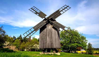 An old wooden windmill stands in a rural landscape.