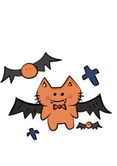 An orange cat dracula with black bat-wings on transparent background