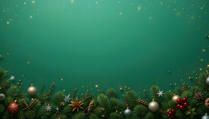 Elegant green Christmas background with pine branches, golden ornaments, and festive decorations.