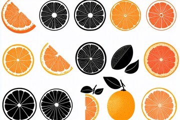 Obraz premium Citrus Fruit Medley: Orange Slices, Halves, and Whole Fruit with Leaves in Graphic Style