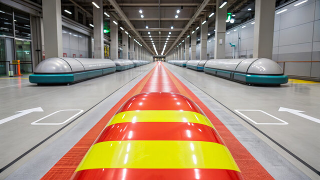 Hyperloop transportation connects cities of the future. Futuristic transport station with sleek pods and vibrant colors in a spacious, modern interior.