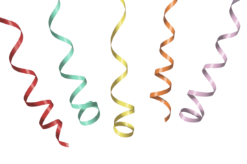 Five colorful curling ribbons falling against a transparent background, perfect for celebrations. background removed