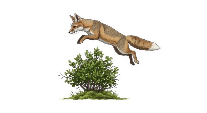 Red fox jumping over a green bush isolated on white background, a beautiful animal - Powered by Adobe