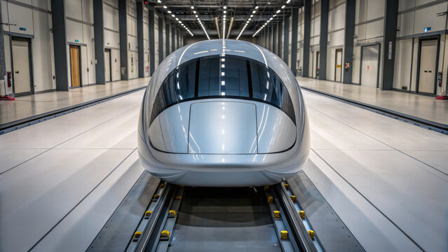 Hyperloop transportation connects cities of the future. Futuristic train design in a modern facility, showcasing sleek lines and advanced technology.