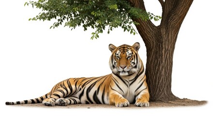 Majestic tiger resting under a tree, isolated on white background, with a serene expression