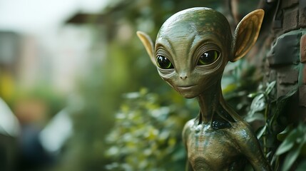 Eerie alien creature peeking through lush greenery