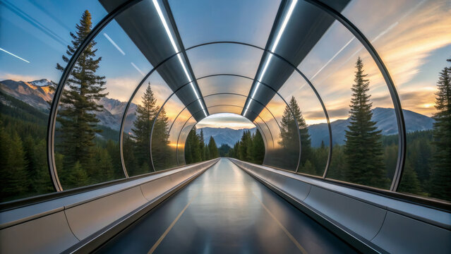 Hyperloop transportation connects cities of the future. Futuristic tunnel surrounded by trees, leading towards a mountain view at sunset.