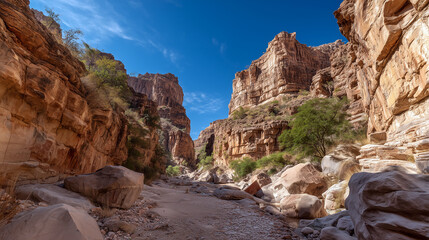 Scenic View of Rocky Desert Canyon with Eroded Cliffs, Boulders, and Sparse Vegetation Under Blue Sky
