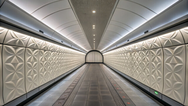 Hyperloop transportation connects cities of the future. Modern, symmetrical tunnel interior with decorative walls and bright lighting.