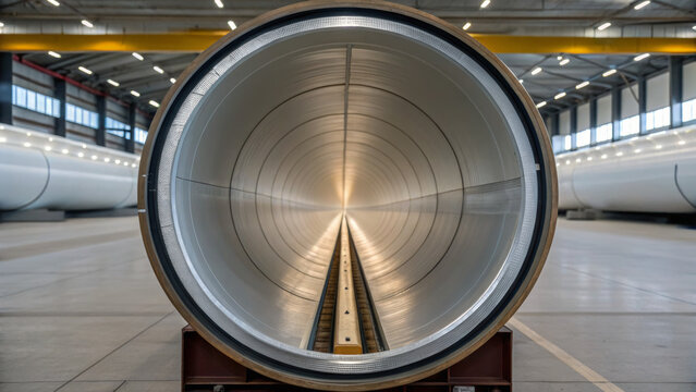 Hyperloop transportation connects cities of the future. Large cylindrical structure in a spacious industrial facility, illuminated from the center.