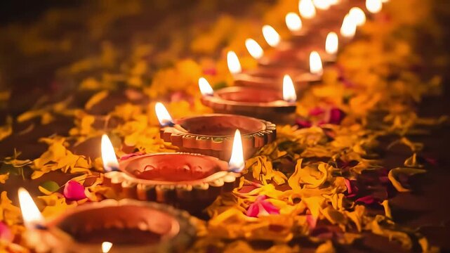 Row of lit diyas on marigold flowers for diwali 4k video