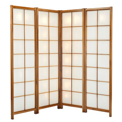 A wooden screen with white paper panels, standing against a transparent background