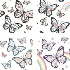 Harmonious Butterfly Medley A Four Panel Seamless Pattern Featuring Pastel Rainbows and Floral Accents